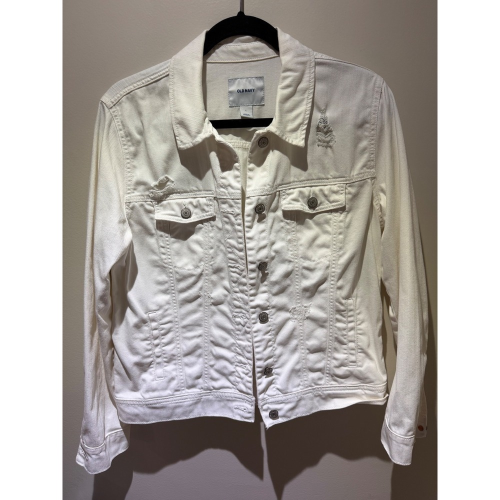 Old Navy Womens White Distressed Denim Jacket Size L Button Front Trucker Coat